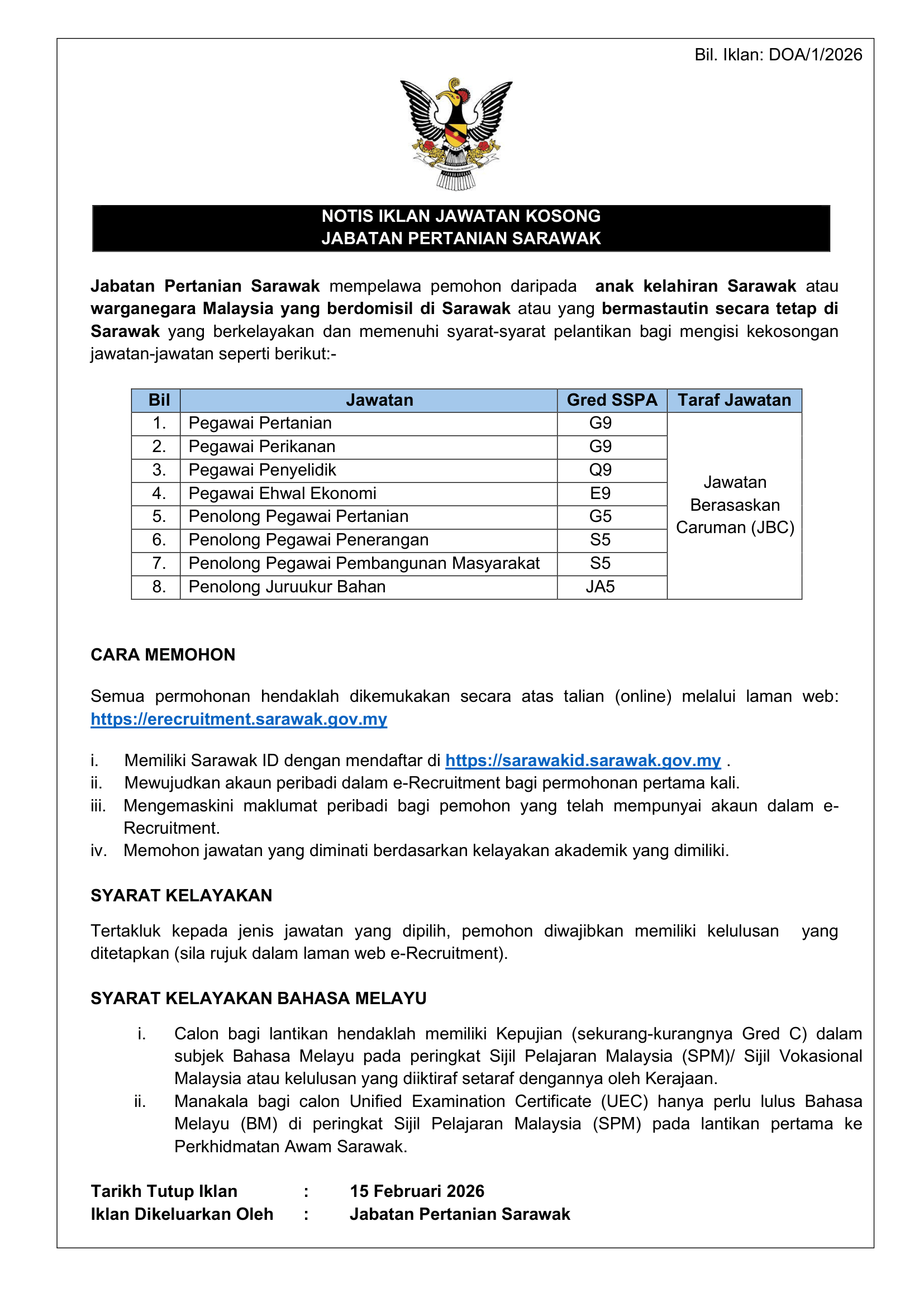 Iklan Jawatan Kosong Jabatan Pertanian Sarawak